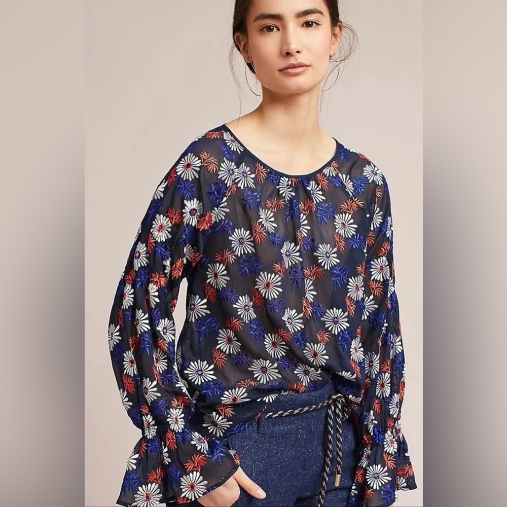 Ella Moss Anthropologie floral daisy embroidered long sheer blouse‎ XS Boho